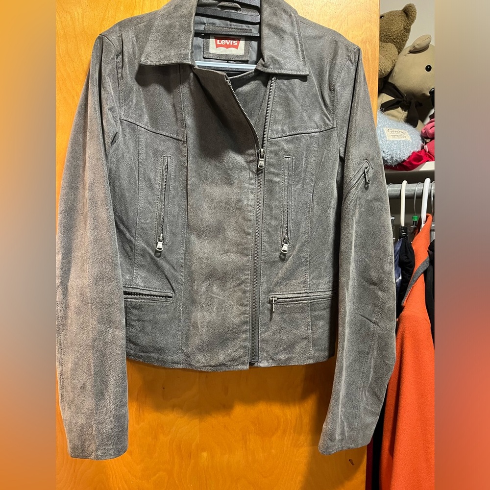 Ladies Levi’s gray suede motorcycle style jacket.  Size Medium.